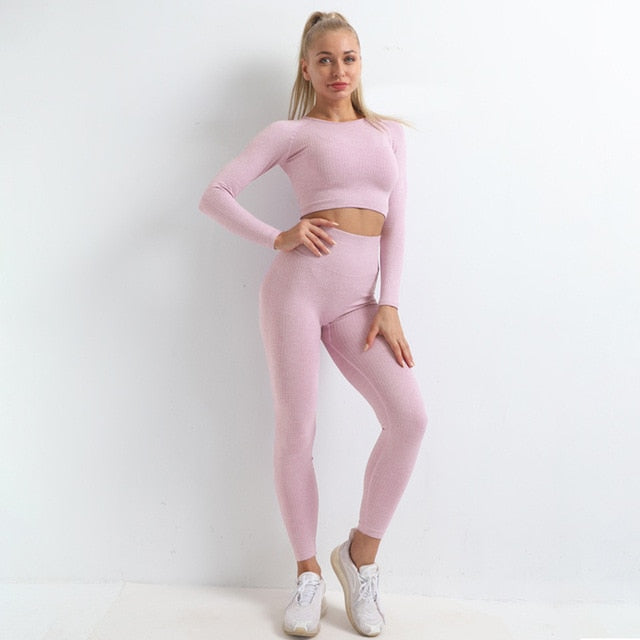 Seamless Yoga Set Women Gym Clothes Solid Long Sleeve