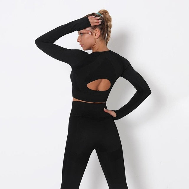 Seamless Patchwork Yoga Set Gym Clothing Fashion Long Sleeve Top Leggings Suit Push Up Workout Training Running Sports Tracksuit - GilloServ