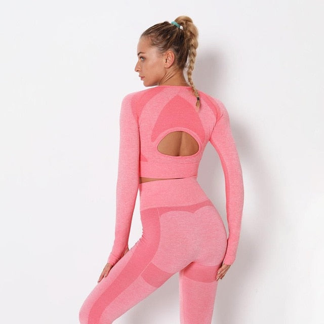 Seamless Patchwork Yoga Set Gym Clothing Fashion Long Sleeve Top Leggings Suit Push Up Workout Training Running Sports Tracksuit - GilloServ