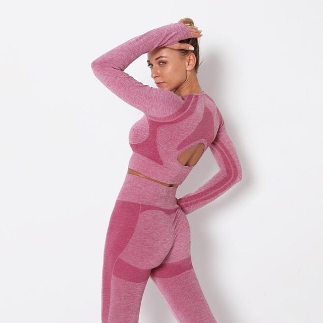 Seamless Patchwork Yoga Set Gym Clothing Fashion Long Sleeve Top Leggings Suit Push Up Workout Training Running Sports Tracksuit - GilloServ