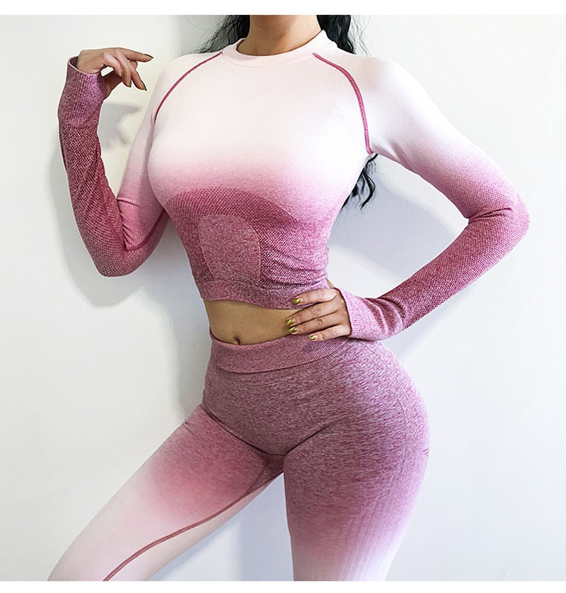 Women Yoga Set Gym Clothing Ombre Seamless Gradient Leggings+Long sleeve Top Workout Sport Suit Women Fitness Set Active Wear - GilloServ