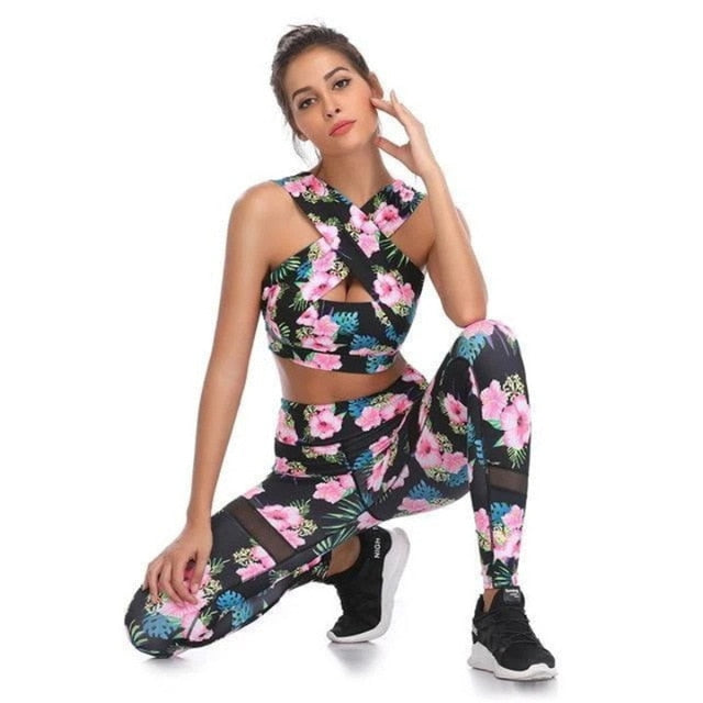 Sportswear Floral Print Yoga Set Women Gym Clothes Twist Sleeveless Crop Top Hips Up Pantalones Suit Outdoor Sports Fitness Suit-5