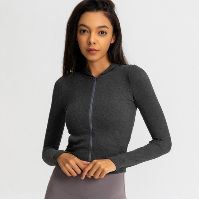 Seamless Solid Yoga Hoodies Long Shirt Jacket - GilloServ