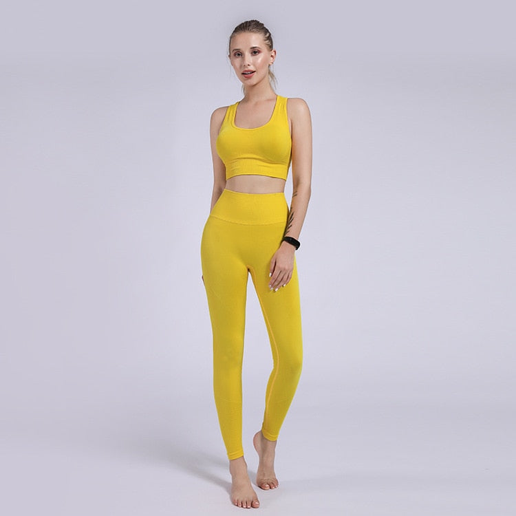 Seamless Sportswear Yoga Set Women Gym Tracksuit Tank Crop Top Hips Lifting Leggings Running Traning Workout Sports 2 Piece Set - GilloServ