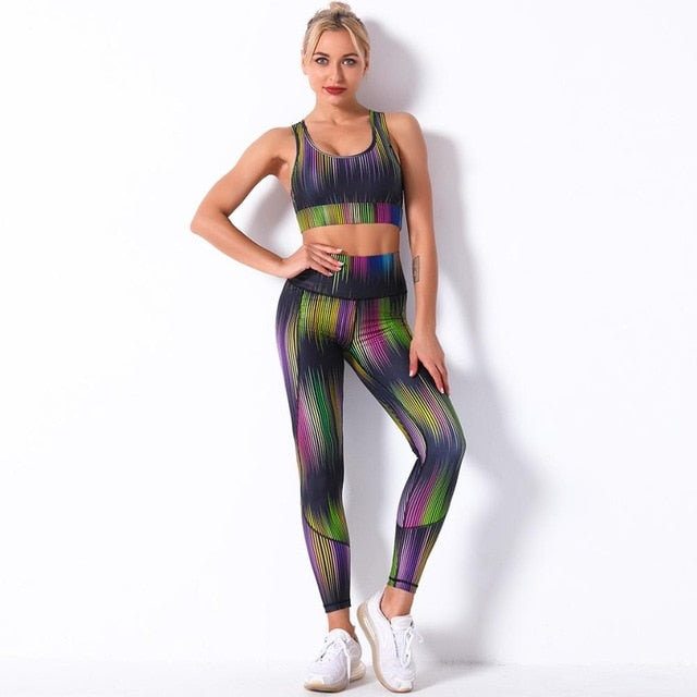 Seamless Floral Print Gym Yoga Set Fashion Fitness Vest Crop Top Leggings Suit Push Up Workout Training Running Energy Clothing - GilloServ