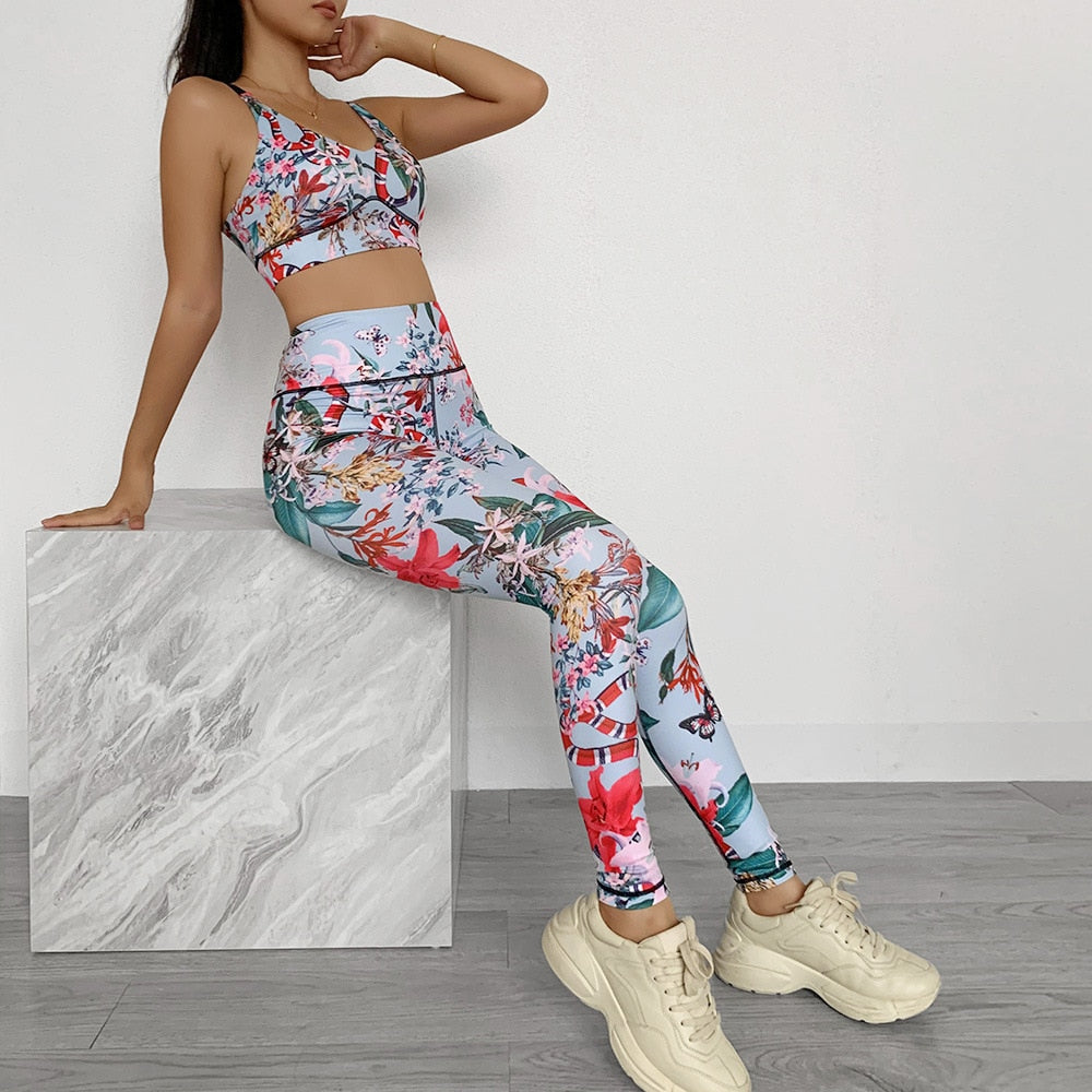 Seamless Floral Print Gym Yoga Set Fashion Fitness Vest Crop Top Leggings Suit Push Up Workout Training Running Slim Clothing - GilloServ