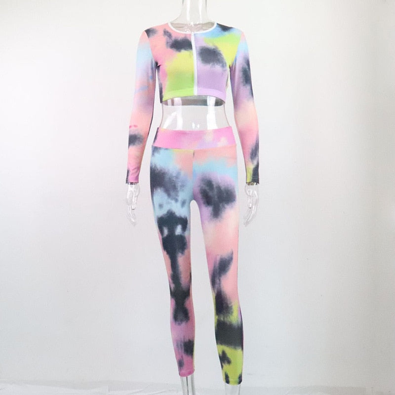 Tie Dye Print Seamless Yoga Gym Ribbed Suit Fashion Long Sleeve - GilloServ