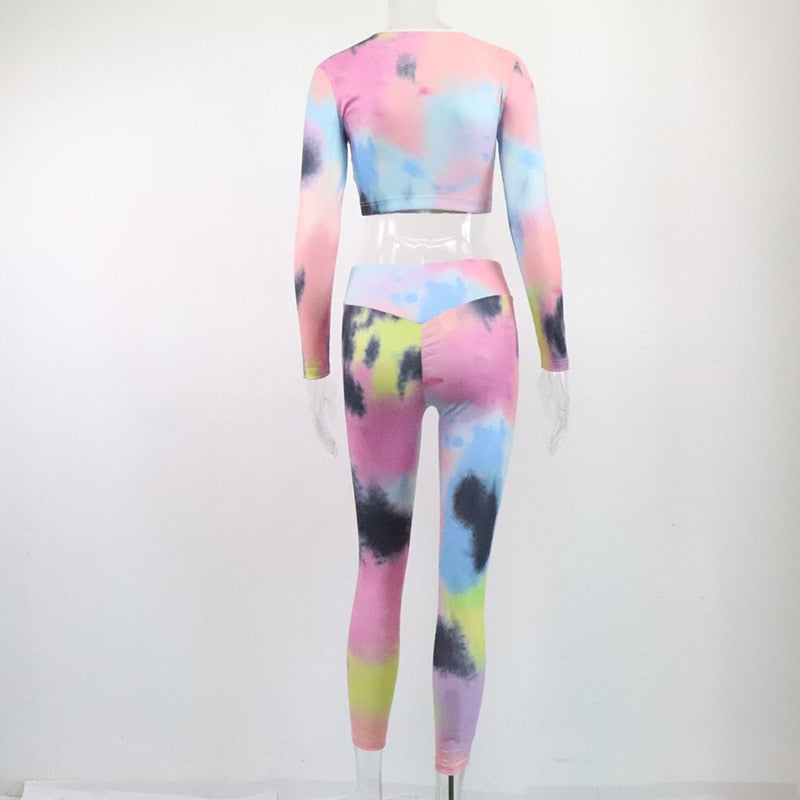 Tie Dye Print Seamless Yoga Gym Ribbed Suit Fashion Long Sleeve - GilloServ