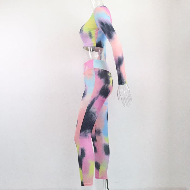 Tie Dye Print Seamless Yoga Gym Ribbed Suit Fashion Long Sleeve - GilloServ