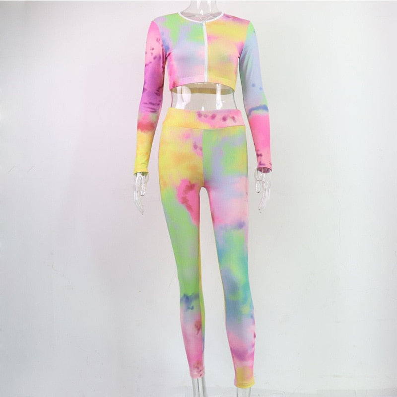 Tie Dye Print Seamless Yoga Gym Ribbed Suit Fashion Long Sleeve - GilloServ