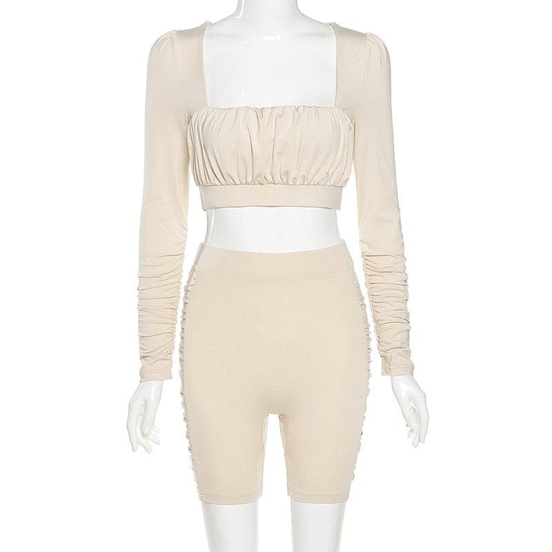 Solid Sportswear Pleated Yoga Set Gym Fitness Tracksuit Long Sleeve Rushed Crop Top Shorts Suit Outdoor Sports Workout Suit - GilloServ