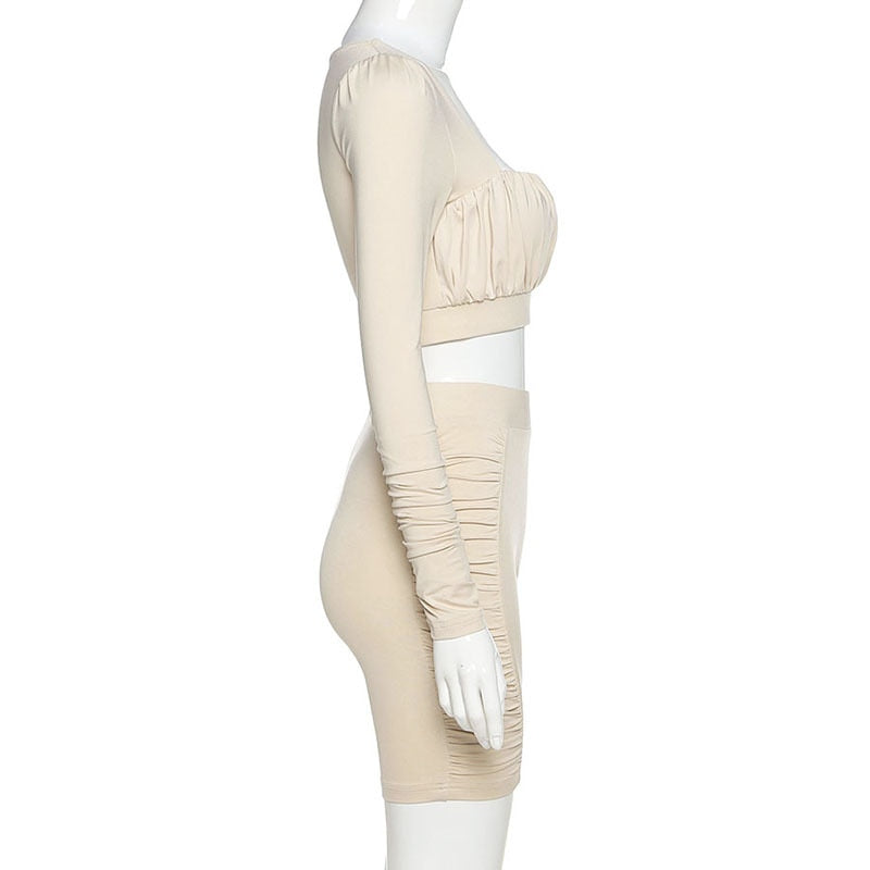 Solid Sportswear Pleated Yoga Set Gym Fitness Tracksuit Long Sleeve Rushed Crop Top Shorts Suit Outdoor Sports Workout Suit - GilloServ