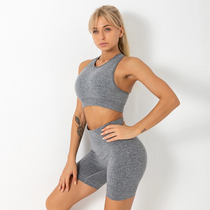 Seamless Solid Yoga Set Gym Clothing Fashion Tank Crop Top Shorts Sports Suit Push Up Workout Training Running Dance Tracksuit - GilloServ