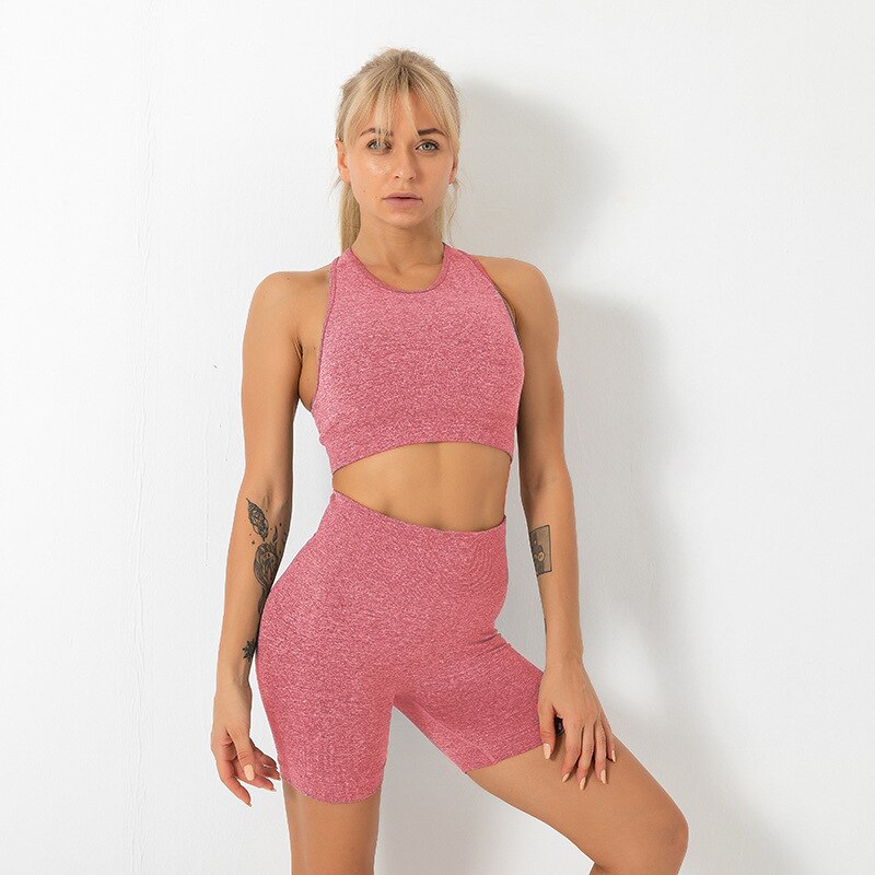Seamless Solid Yoga Set Gym Clothing Fashion Tank Crop Top Shorts Sports Suit Push Up Workout Training Running Dance Tracksuit - GilloServ