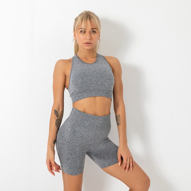 Seamless Solid Yoga Set Gym Clothing Fashion Tank Crop Top Shorts Sports Suit Push Up Workout Training Running Dance Tracksuit - GilloServ
