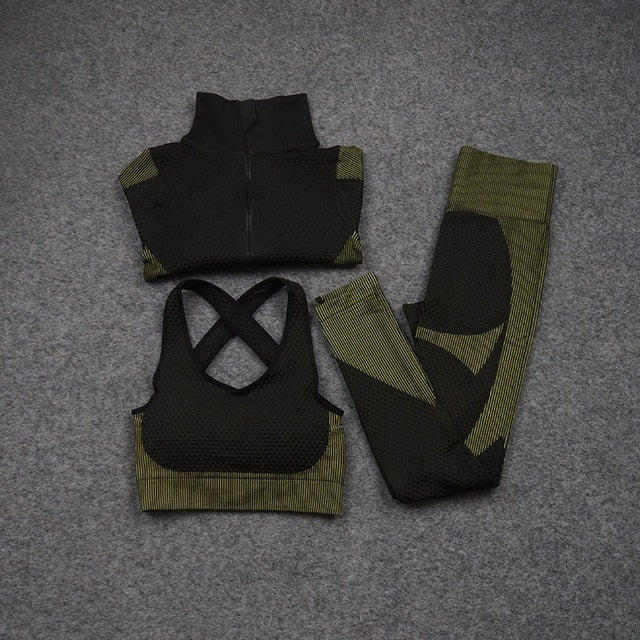 Women Yoga 2/3PCS Seamless Zipper Yoga Suit GYM Workout - GilloServ