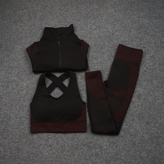 Women Yoga 2/3PCS Seamless Zipper Yoga Suit GYM Workout - GilloServ