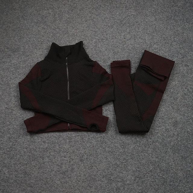 Women Yoga 2/3PCS Seamless Zipper Yoga Suit GYM Workout - GilloServ