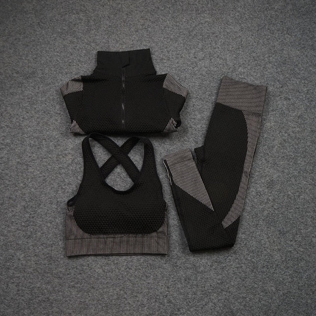 Women Yoga 2/3PCS Seamless Zipper Yoga Suit GYM Workout - GilloServ