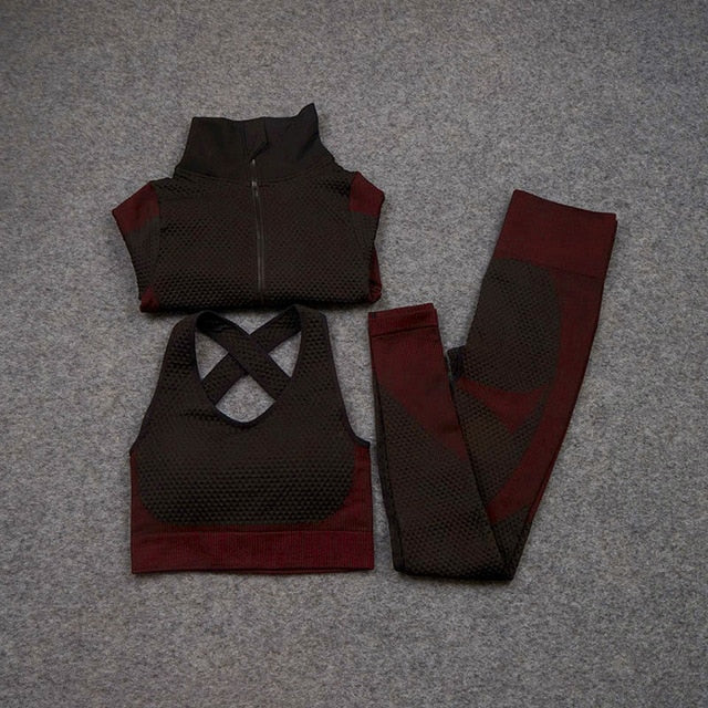 Women Yoga 2/3PCS Seamless Zipper Yoga Suit GYM Workout - GilloServ