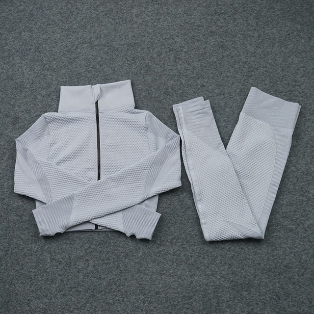 Women Yoga 2/3PCS Seamless Zipper Yoga Suit GYM Workout - GilloServ