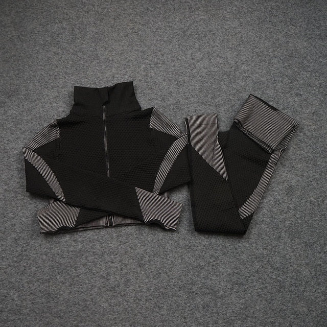 Women Yoga 2/3PCS Seamless Zipper Yoga Suit GYM Workout - GilloServ