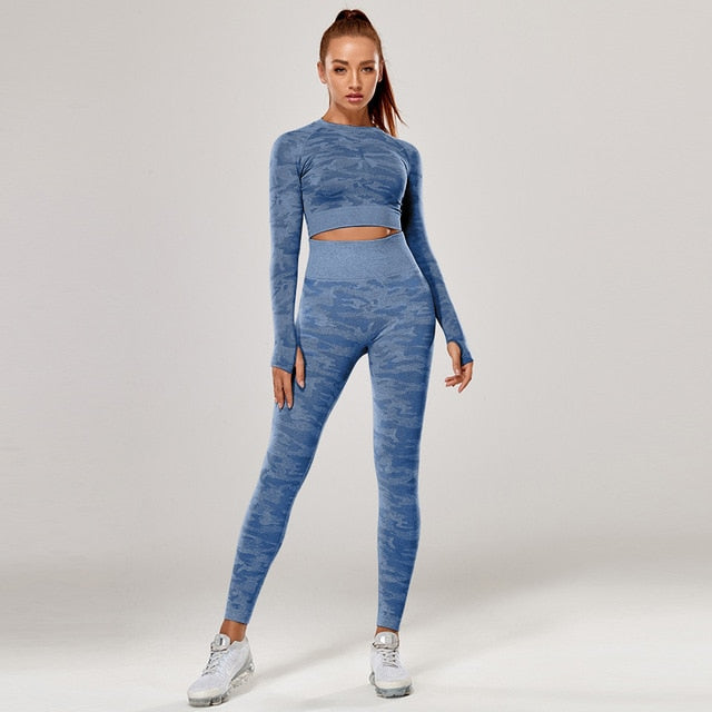 Yoga Set 2 Piece Sport Outfits Gym Activewear Long Sleeve Crop Top + Yoga Pants Running Leggings Suits Workout Tracksuits - GilloServ