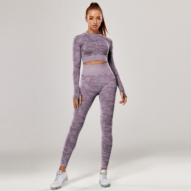 Yoga Set 2 Piece Sport Outfits Gym Activewear Long Sleeve Crop Top + Yoga Pants Running Leggings Suits Workout Tracksuits - GilloServ