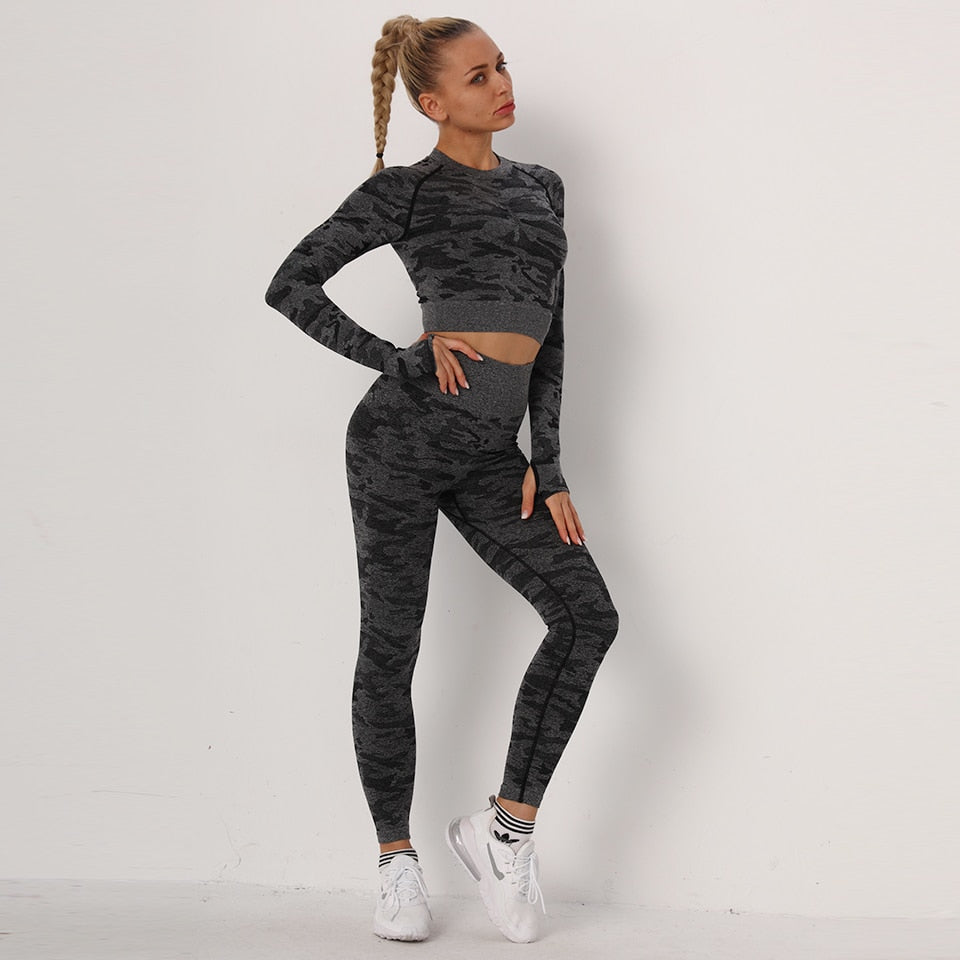 Yoga Set 2 Piece Sport Outfits Gym Activewear Long Sleeve Crop Top + Yoga Pants Running Leggings Suits Workout Tracksuits - GilloServ