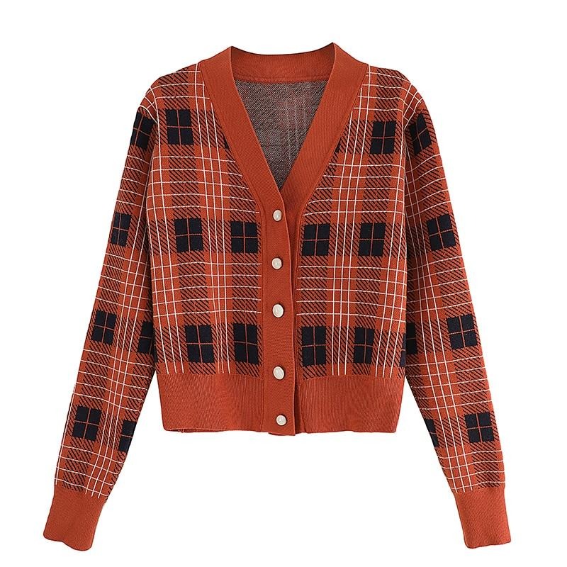Vintage V-Neck Long Sleeve Women Plaid Sweater