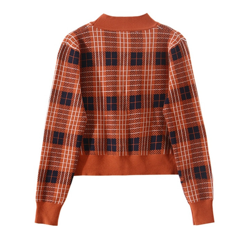 Vintage V-Neck Long Sleeve Women Plaid Sweater