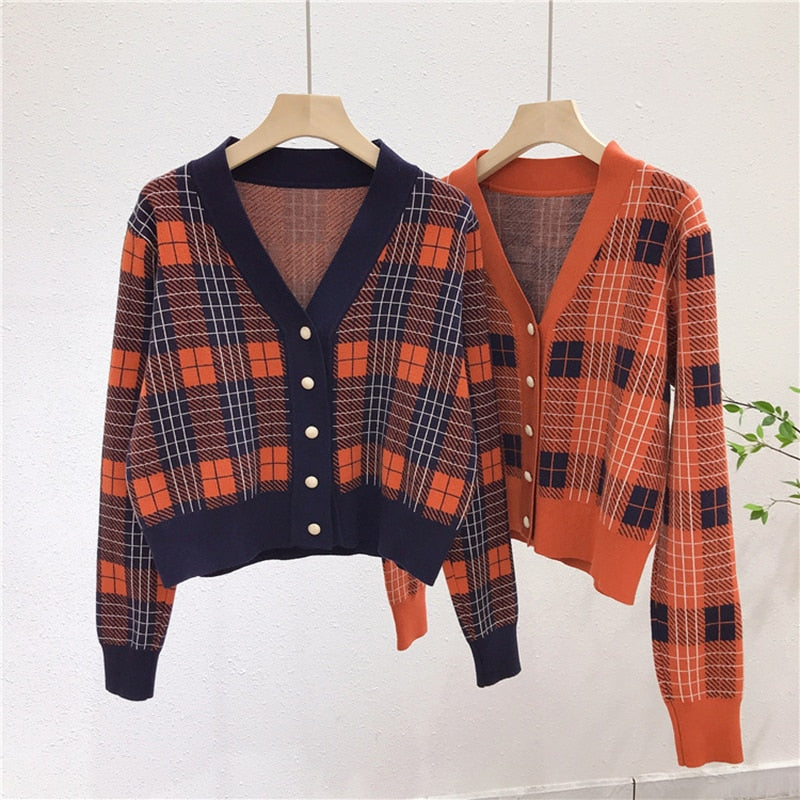 Vintage V-Neck Long Sleeve Women Plaid Sweater