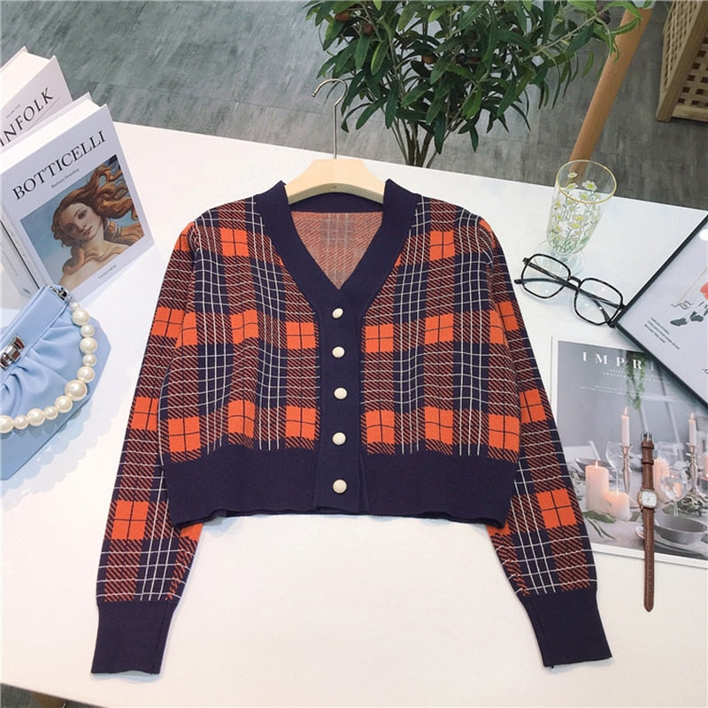 Vintage V-Neck Long Sleeve Women Plaid Sweater