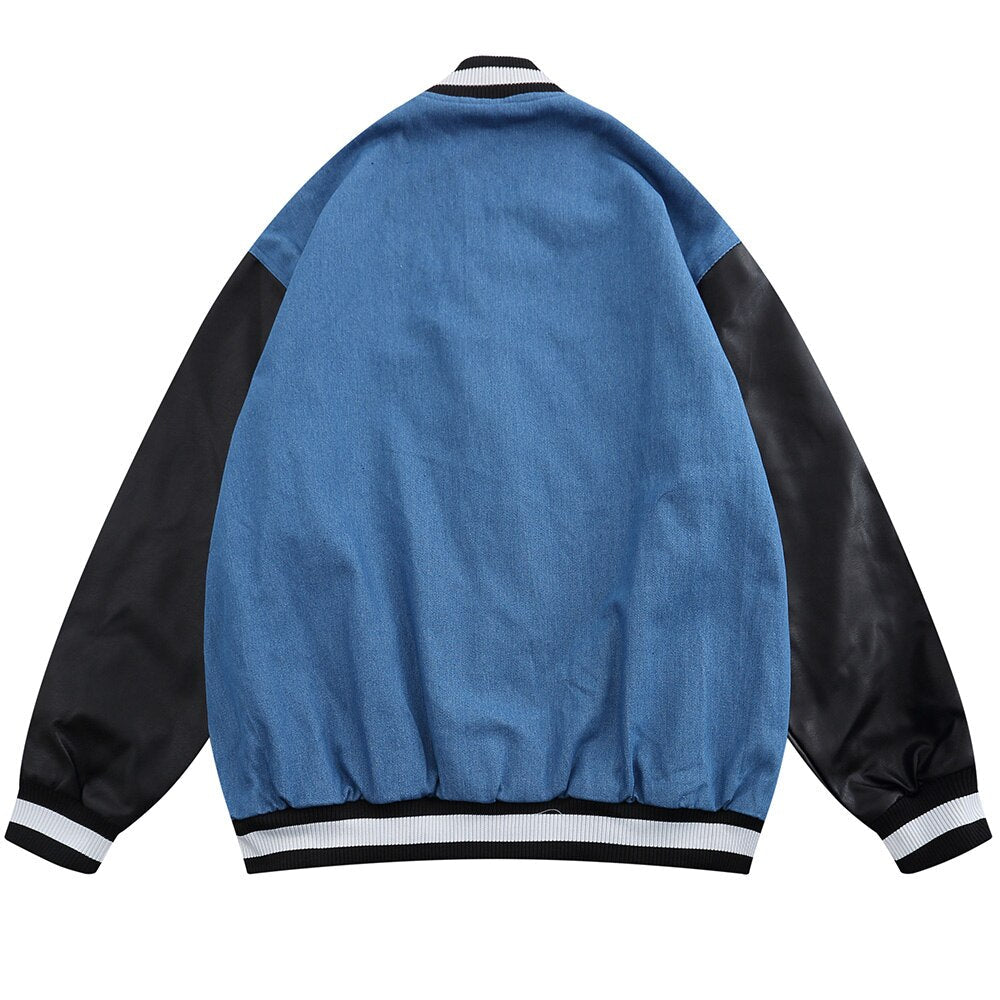 Jacket Men Denim Leather Patchwork Color Letter Embroidery - GilloServ