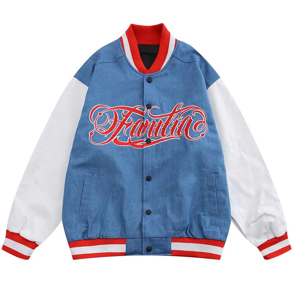 Jacket Men Denim Leather Patchwork Color Letter Embroidery - GilloServ