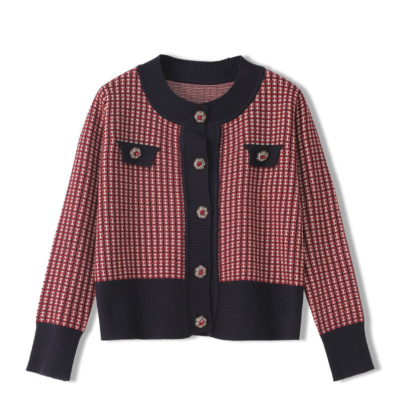Red Plaid Cardigan Vintage Spring Women Short Sweater