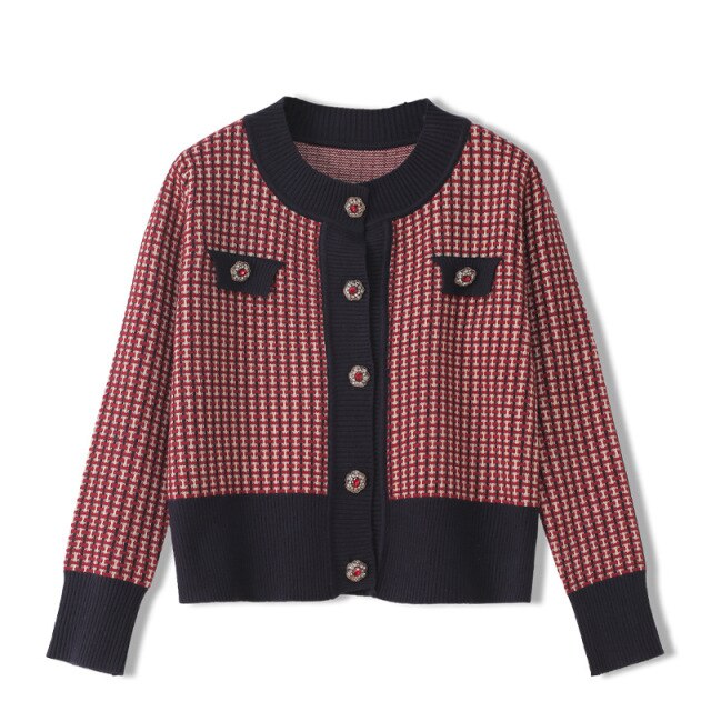 Red Plaid Cardigan Vintage Spring Women Short Sweater