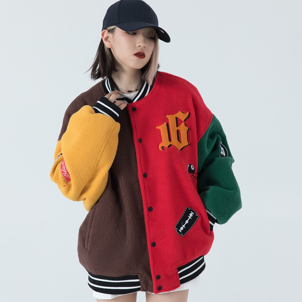 Winter Jacket Color Block Baseball Thick Patchwork Embroidery Streetwear