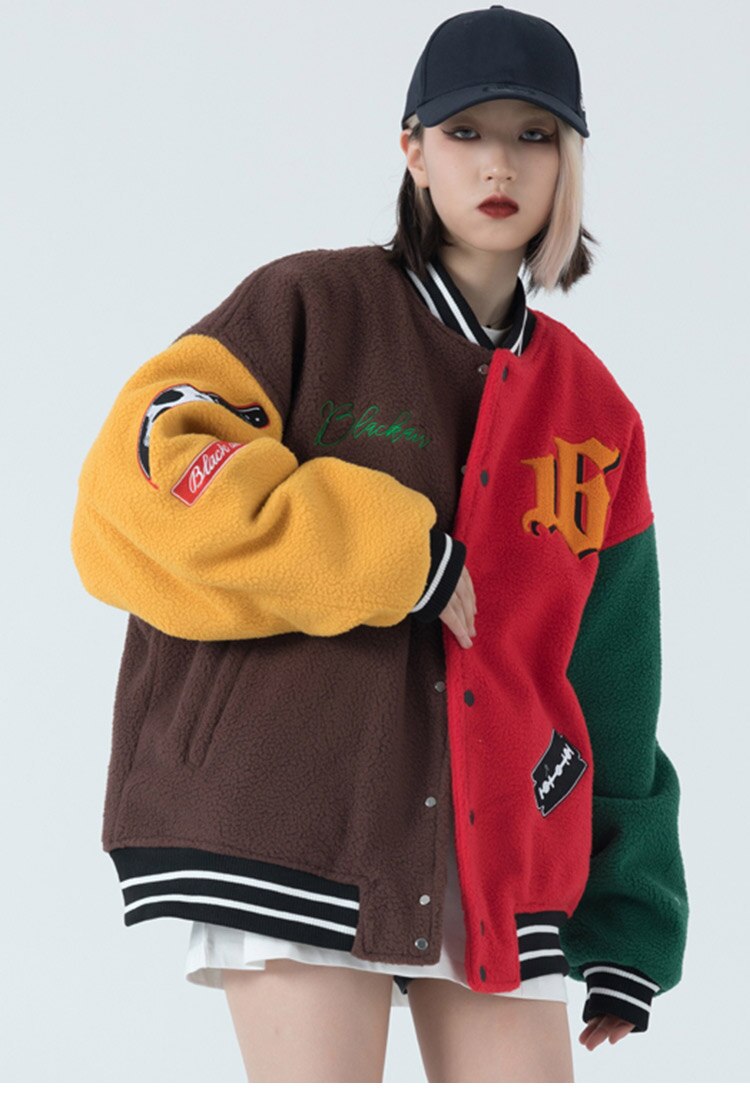 Winter Jacket Color Block Baseball Thick Patchwork Embroidery Streetwear