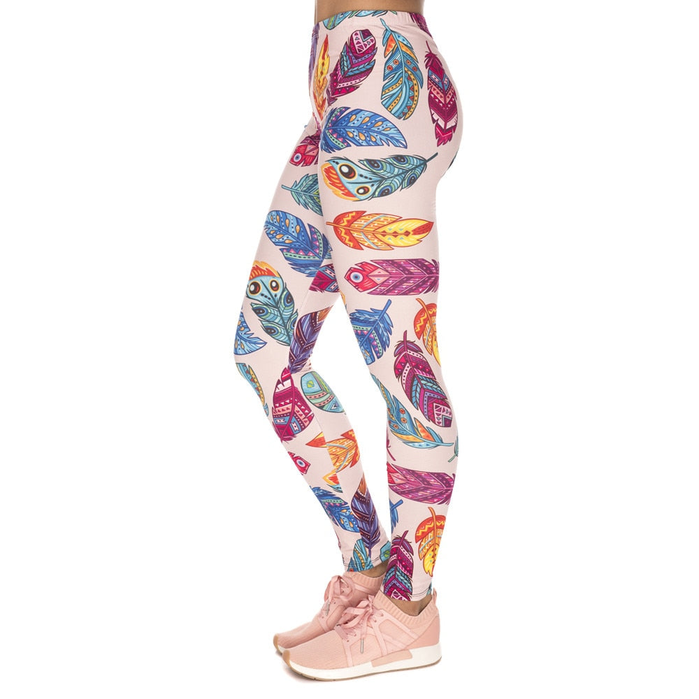 Women Legging Feathers Printing Blue - GilloServ