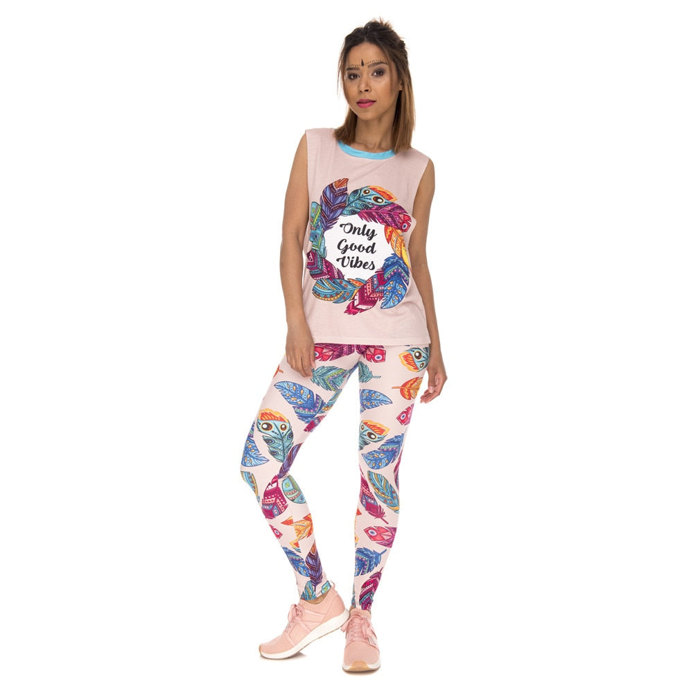 Women Legging Feathers Printing Blue - GilloServ
